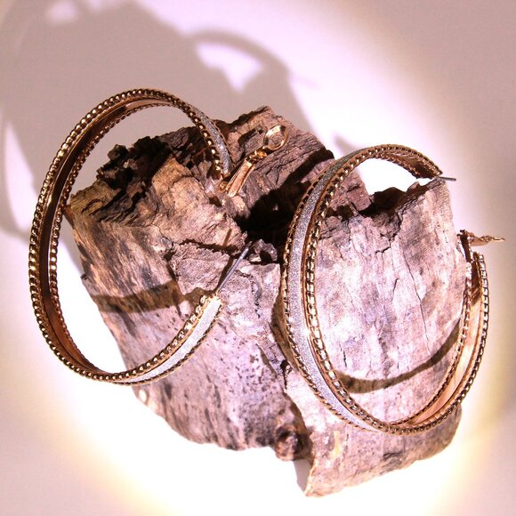 NWT Large Gold Tone Hoop Earrings with Sparkling Silver Center - Picture 5 of 7